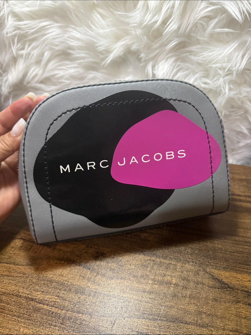 Marc Jacobs Gray Cosmetic Pouch with Pink & Black Graphic Logo